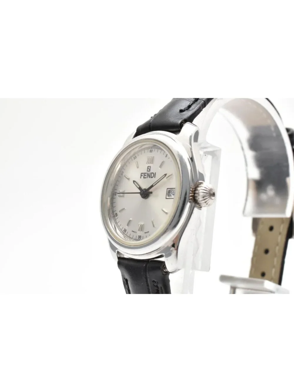 Fendi Quartz Watch Gray Dial Roman Numeral Date Stainless Steel Black Leather